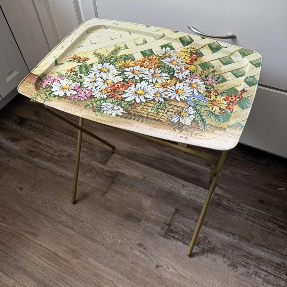 Mcm Metal Floral Tv Tray Set Of 4 With Rolling Cart Stand Cottagecore Garden VTG